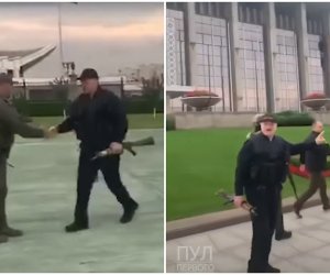 Лукашенко прилетел в свою резиденцию в Минске на вертолете с оружием в руках